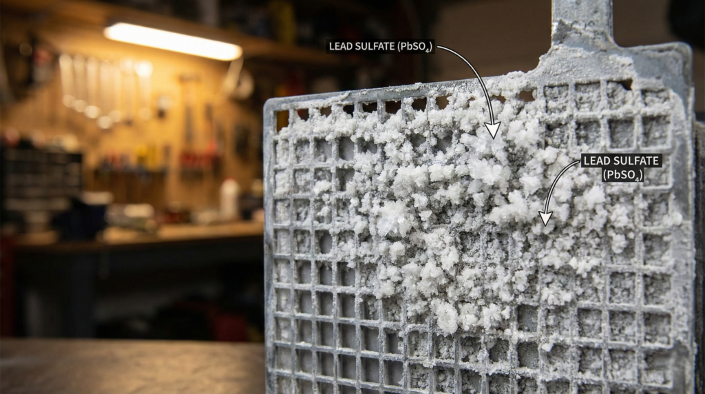 سولفاته شدن باتری خودرو - کریستالهای سولفات روی صفحات